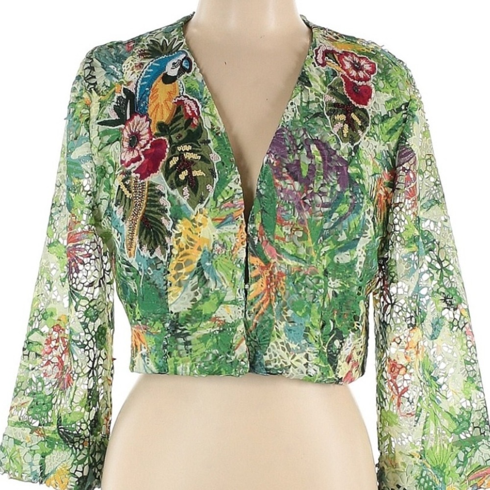 Soft Surroundings Brand crop jacket floral XL 1X Green lace - embroidered parrot